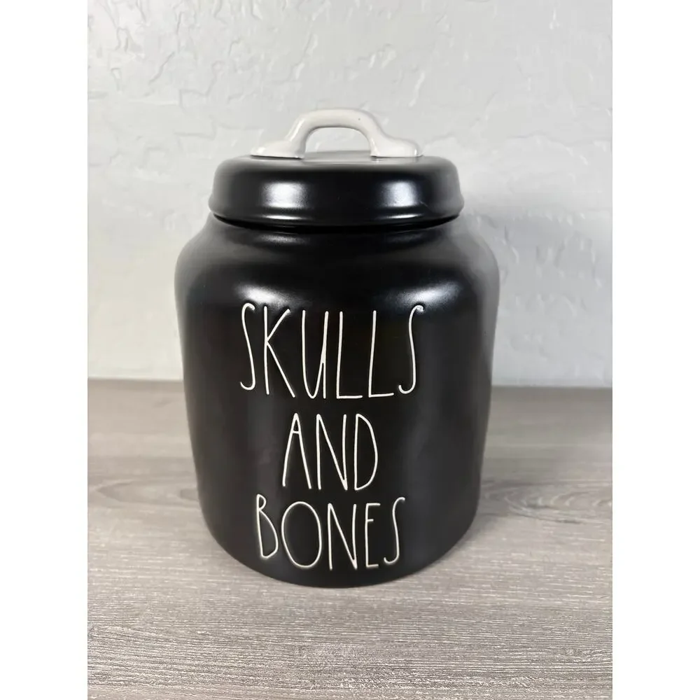 NWOT Rae Dunn LL Artisan Collection Halloween Black‎ “Skulls And Bones” Canister